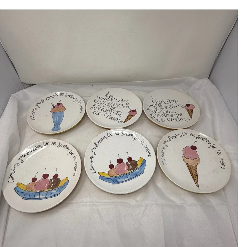 Pottery Barn I Scream For Ice Cream Dessert Plates Set of 6 Yellow White 8 inch